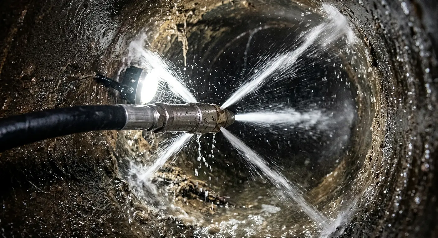 High-pressure hydro jetting nozzle cleaning sewer pipe for Sewer Cleanout in Weston