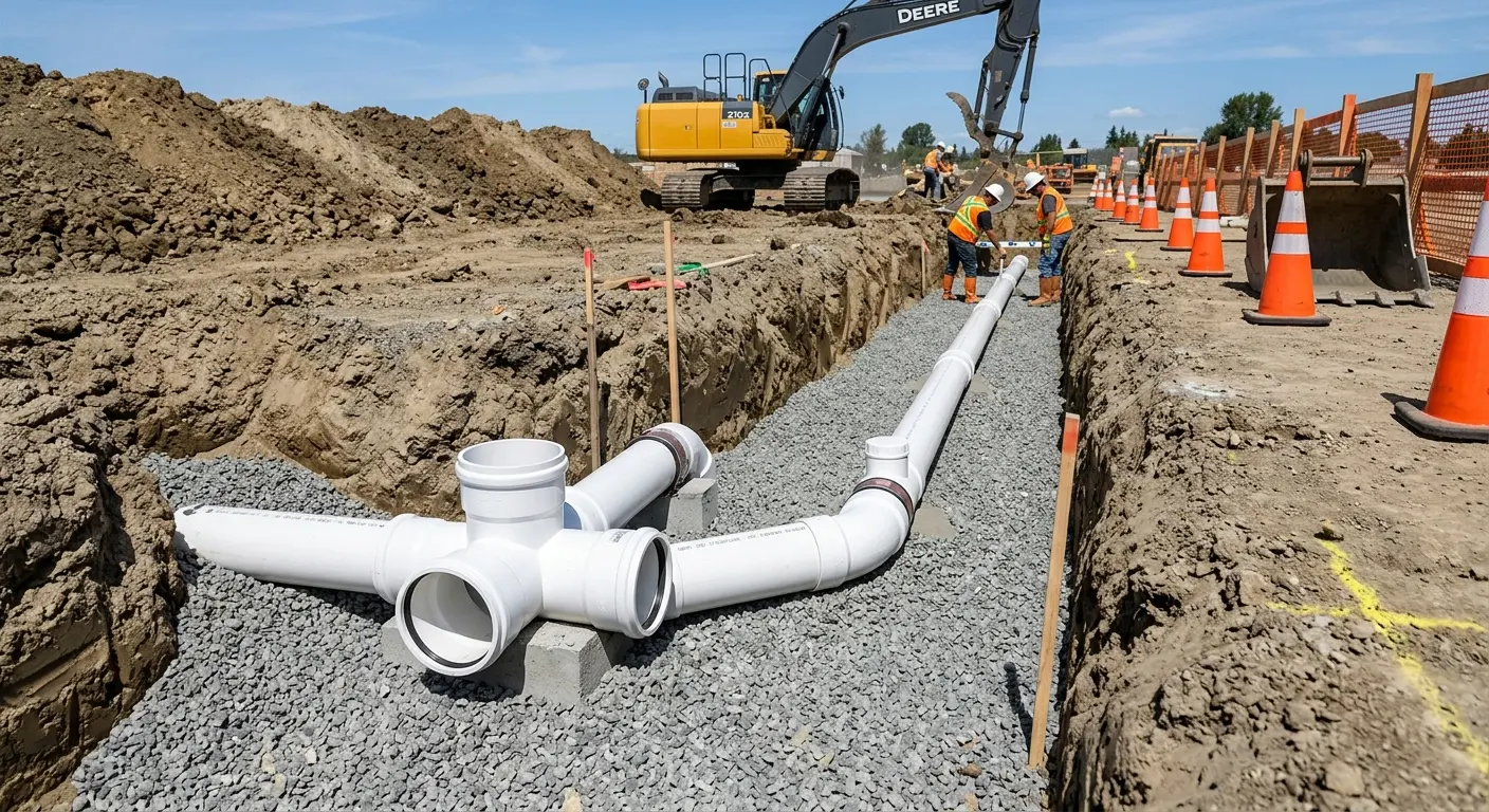 New PVC sewer pipe installation in open trench for Sewer Backup in Weston