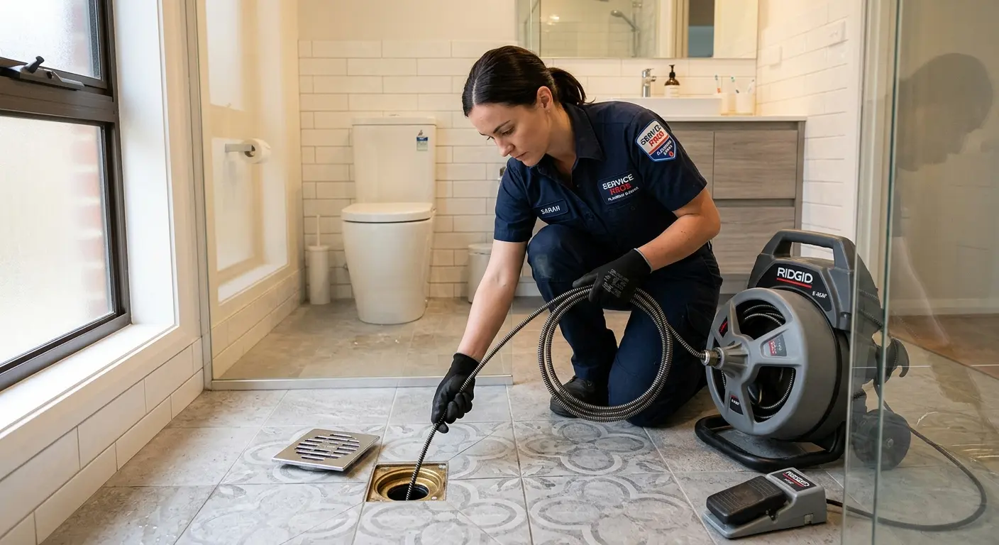 Technician clearing a bathroom floor drain for Sewer Line Replacement in Weston